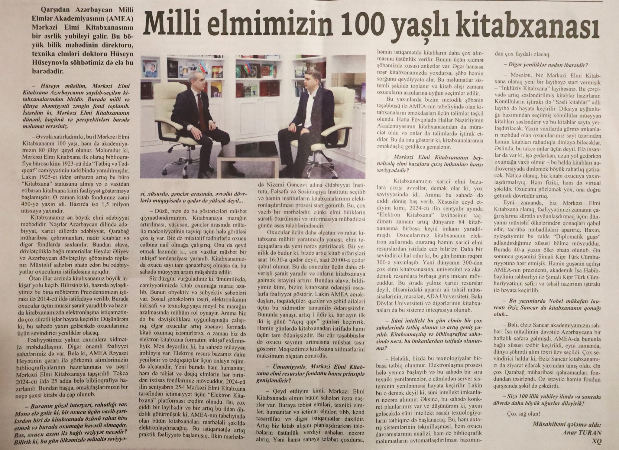 “Xalq qəzeti"nin 4 may 2025-ci il buraxılışında MEK-in direktoru Hüseyn Hüseynovun kitabxananın 100 illiyinə dair müsahibəsi dərc olunub